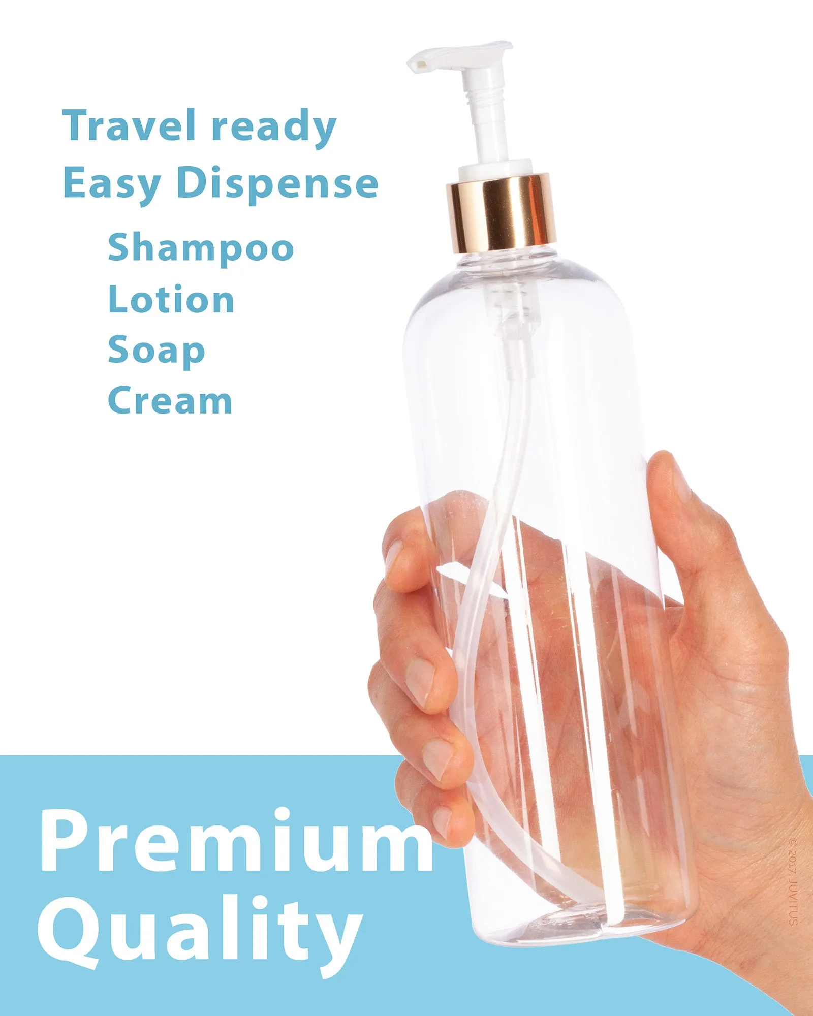 16 oz / 500 ml Clear Plastic PET Slim Cosmo Round Bottle (BPA Free) with Gold Lotion Pump