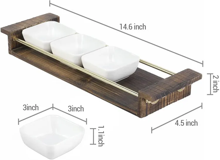 Appetizer Tray Set, White Ceramic Square Dip, Condiment, Sauce Bowls with Burnt Wood Brass Tone Metal Serving Platter