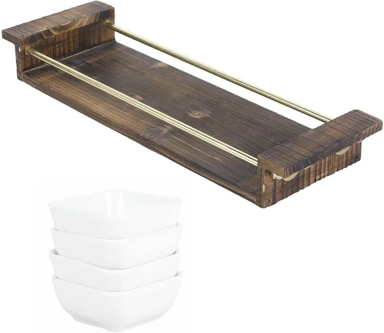 Appetizer Tray Set, White Ceramic Square Dip, Condiment, Sauce Bowls with Burnt Wood Brass Tone Metal Serving Platter