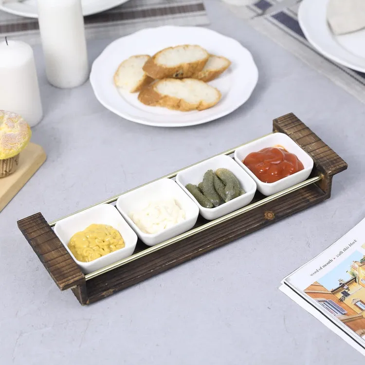 Appetizer Tray Set, White Ceramic Square Dip, Condiment, Sauce Bowls with Burnt Wood Brass Tone Metal Serving Platter