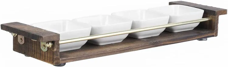 Appetizer Tray Set, White Ceramic Square Dip, Condiment, Sauce Bowls with Burnt Wood Brass Tone Metal Serving Platter