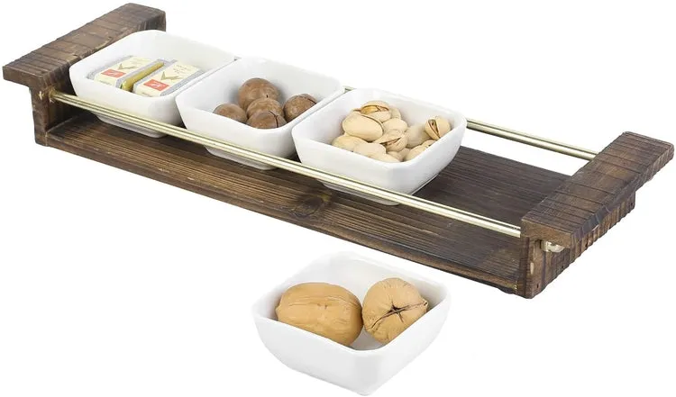 Appetizer Tray Set, White Ceramic Square Dip, Condiment, Sauce Bowls with Burnt Wood Brass Tone Metal Serving Platter