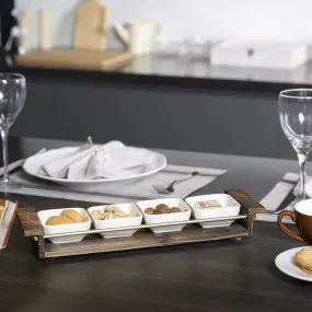 Appetizer Tray Set, White Ceramic Square Dip, Condiment, Sauce Bowls with Burnt Wood Brass Tone Metal Serving Platter