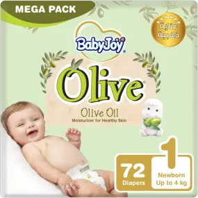 Baby Joy Olive Tape Diaper Size 1 Newborn Mega Pack, Up to 4 kg. Count 72