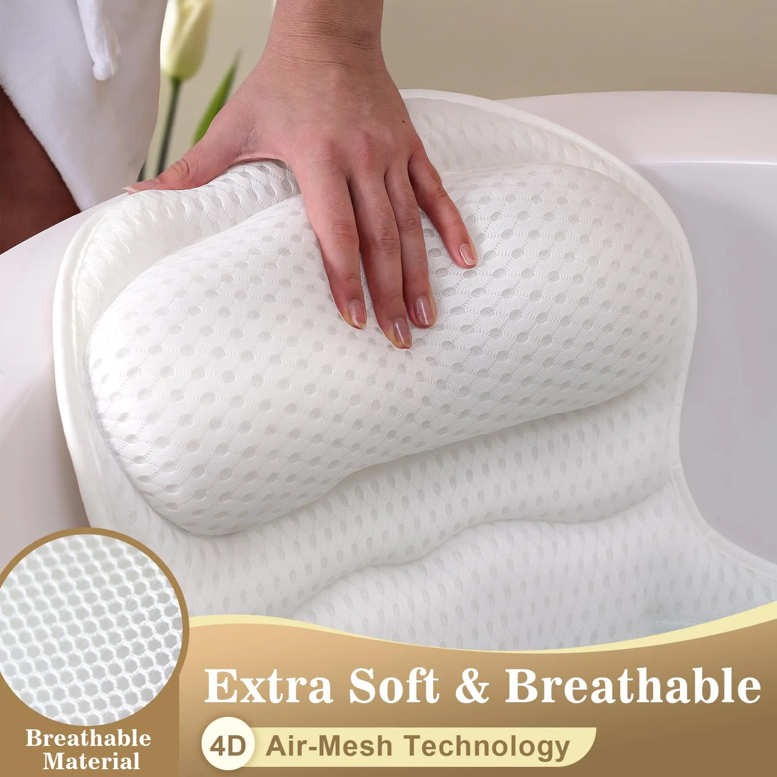 Bath Pillow Luxury Bathtub Pillow, Extra Soft & Comfortable Bath Pillows for Tub Head Neck and Back Support, with 4D Air Mesh Cushions & Non-Slip Suction Cups - Bath Accessories Spa Gifts for Women