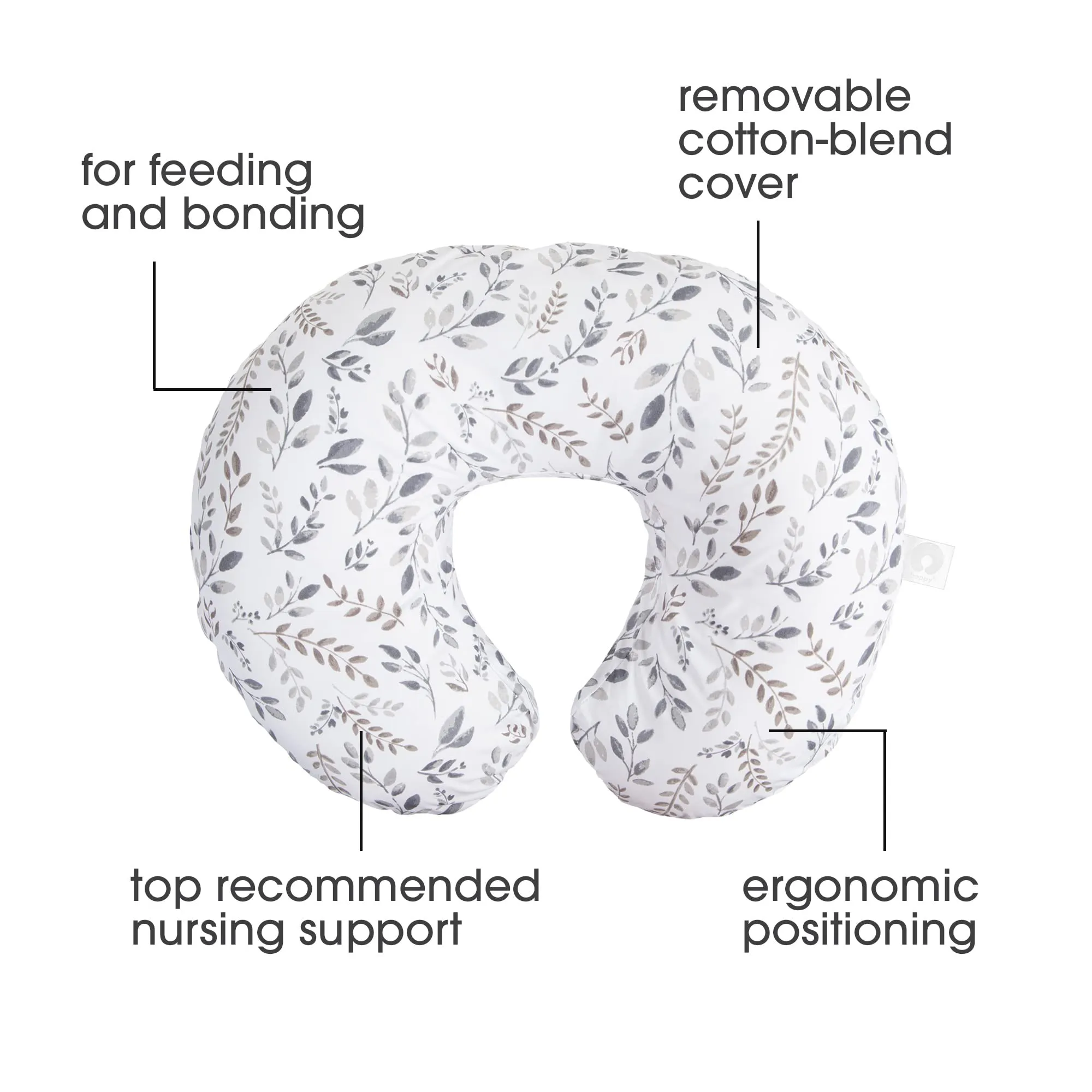 Boppy Nursing Pillow Original Support, Gray Taupe Leaves, Ergonomic Nursing Essentials for Bottle and Breastfeeding, Firm Fiber Fill, with Removable Nursing Pillow Cover, Machine Washable