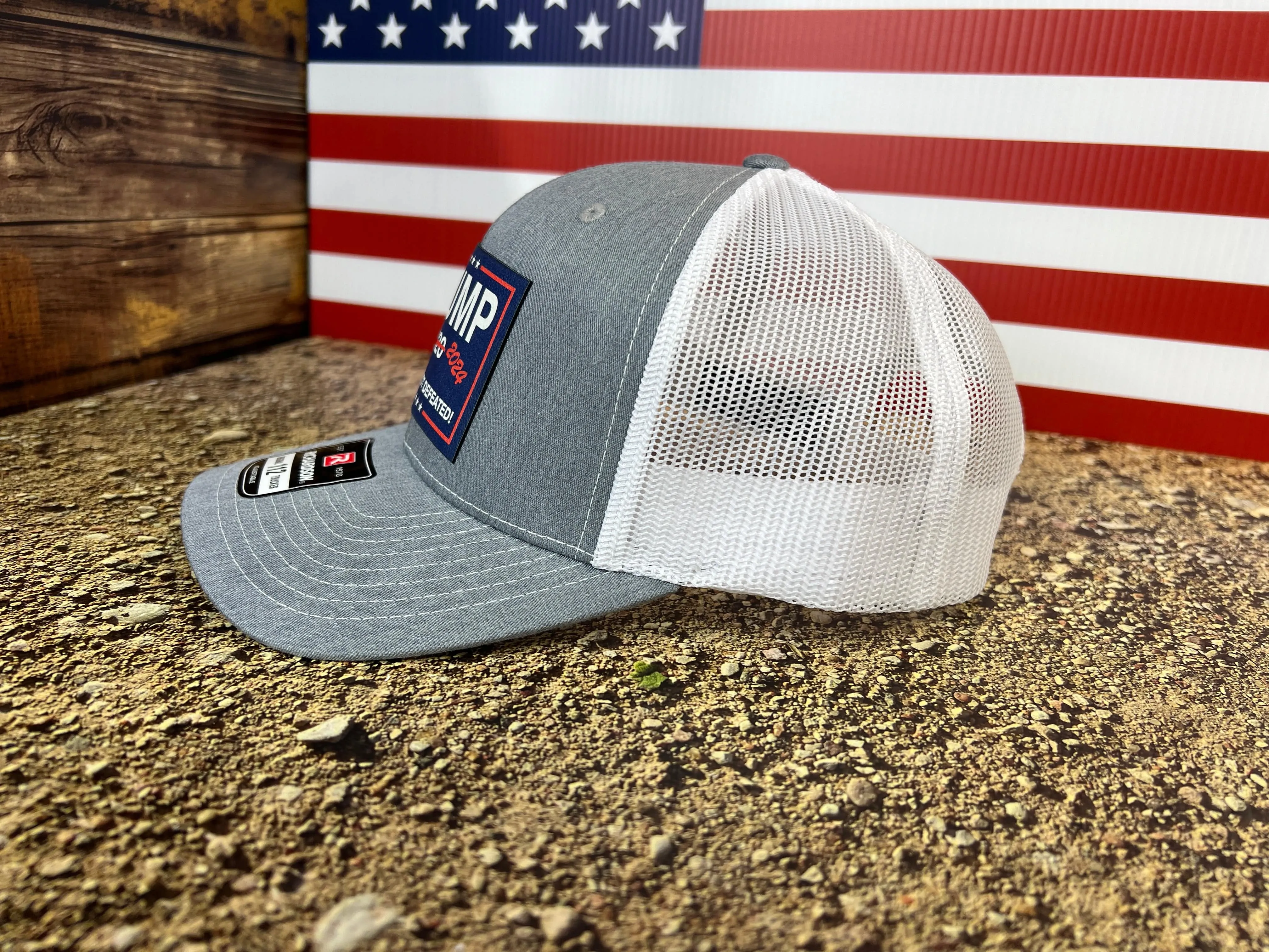 Cheated Not Defeated Trump 2024 Trucker Hat UV Printed  or Laser EngravedPremium Leatherette FULL Color Patch on Richardson 112 Trucker Hat