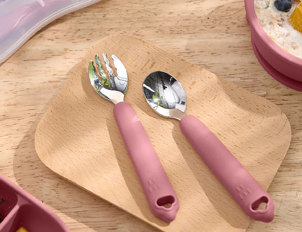 Cherub Baby Silicone & Steel Toddler Cutlery Set - Dusty Rose