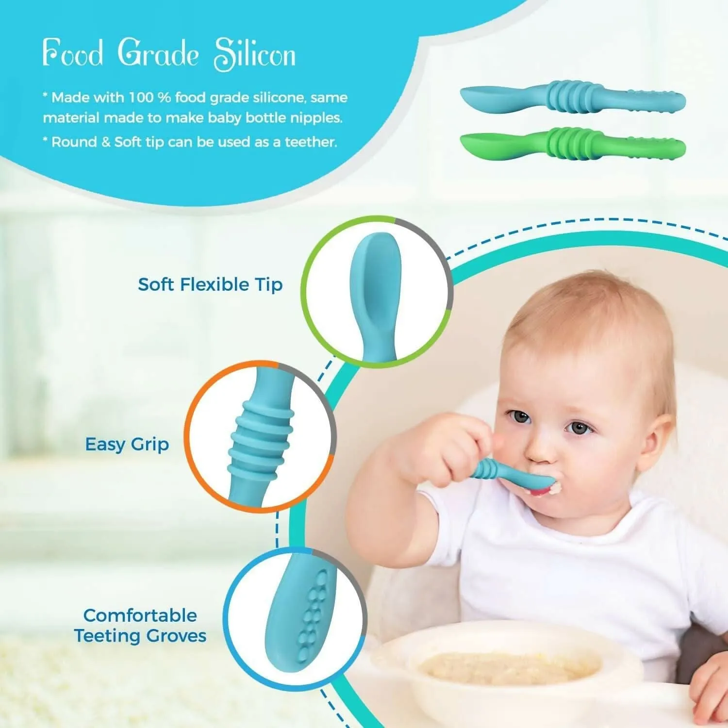 Gentle Silicone Baby Feeding Spoons for First Stage Feeding