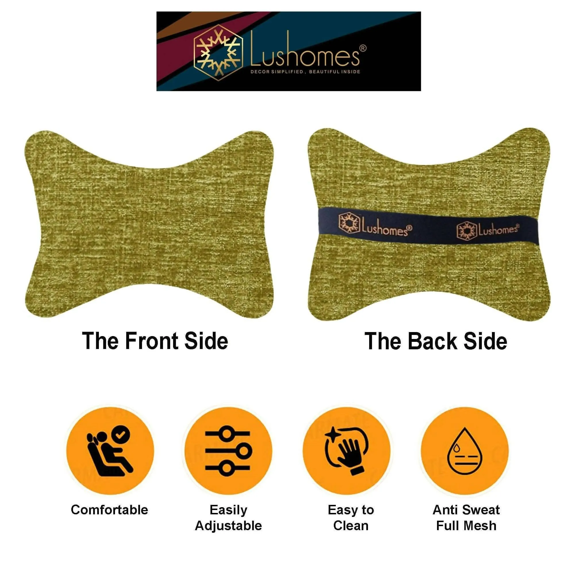 Lushomes Car Neck Rest Pillow & Cushion, Pack of 2, Green Chenille, 17x27 cm, Lumbar & Headrest Support