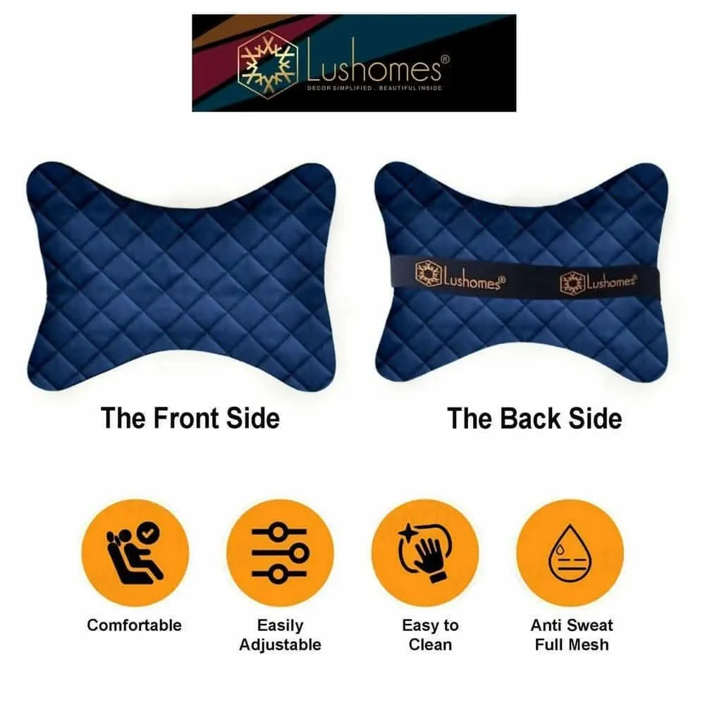 Lushomes Car Neck Rest Pillow Set, Quilted Velvet Foam Support, 6x10", Blue (2 Pcs)