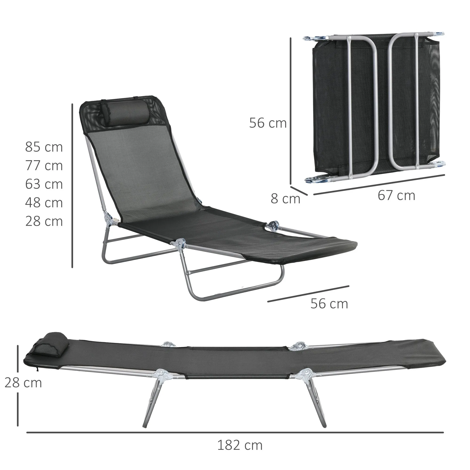 Outsunny 2 Pieces Sun Loungers Foldable Reclining Chair with Headrest Black