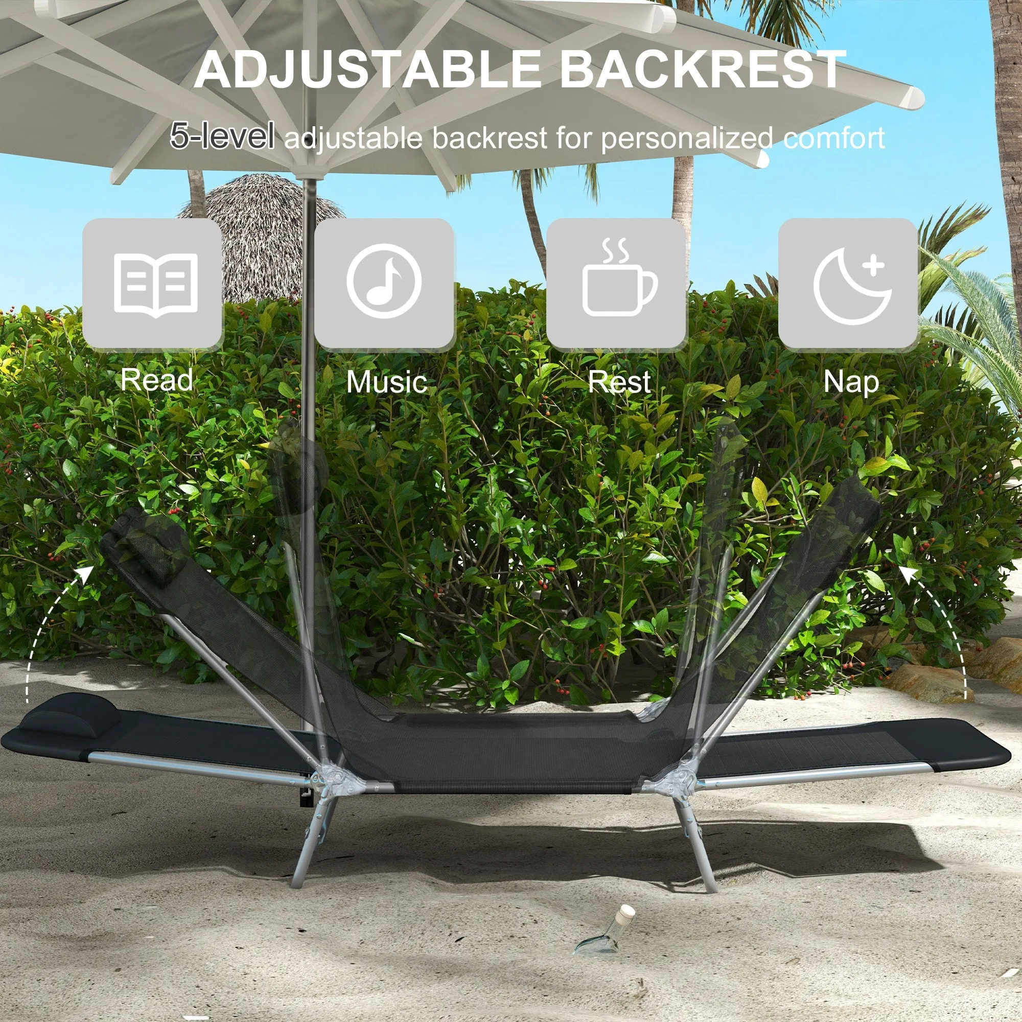 Outsunny 2 Pieces Sun Loungers Foldable Reclining Chair with Headrest Black