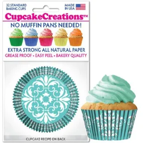 Turquoise Damask Cupcake Liners 32/Pack