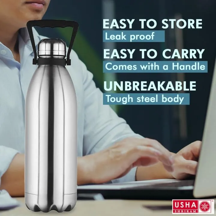 USHA SHRIRAM Insulated Stainless Steel Water Bottle (1.5L - Pack of 2) | Hot for 18 Hours, Cold for 24 Hours | Water Bottle for Home, Office & Kids | Rust-Free, Durable & Leak-Proof | Silver
