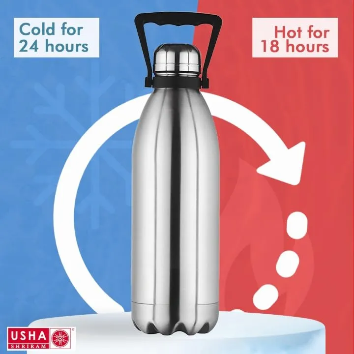 USHA SHRIRAM Insulated Stainless Steel Water Bottle (1.5L - Pack of 2) | Hot for 18 Hours, Cold for 24 Hours | Water Bottle for Home, Office & Kids | Rust-Free, Durable & Leak-Proof | Silver