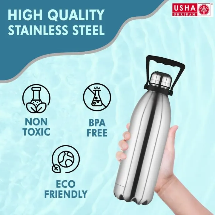 USHA SHRIRAM Insulated Stainless Steel Water Bottle (1.5L - Pack of 2) | Hot for 18 Hours, Cold for 24 Hours | Water Bottle for Home, Office & Kids | Rust-Free, Durable & Leak-Proof | Silver