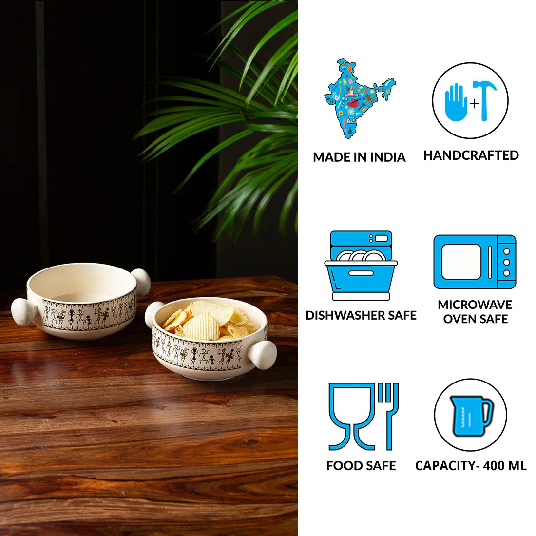 'Whispers of Warli' Handcrafted Ceramic Serving Bowls (Set of 2, 400 ML, Microwave Safe)