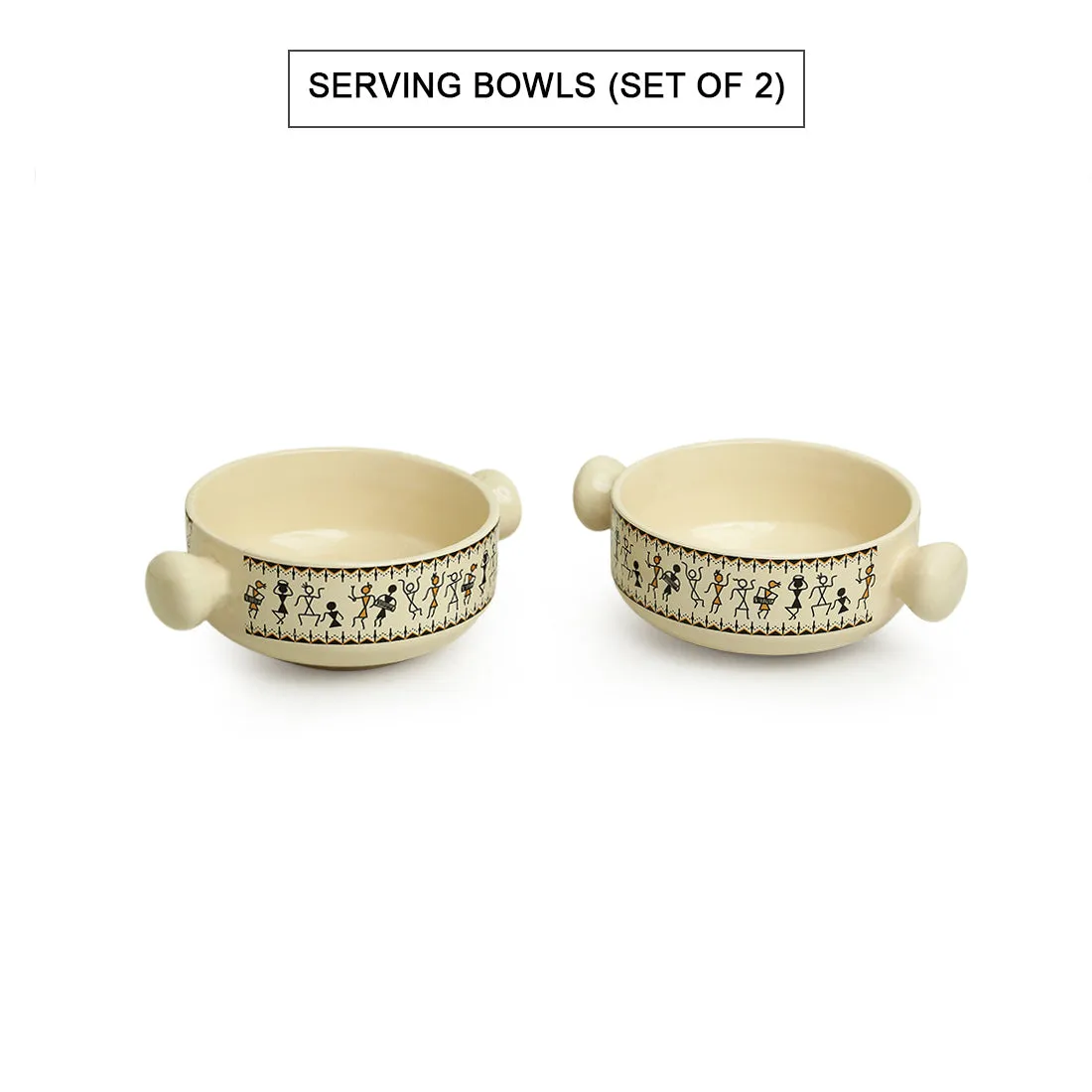 'Whispers of Warli' Handcrafted Ceramic Serving Bowls (Set of 2, 400 ML, Microwave Safe)